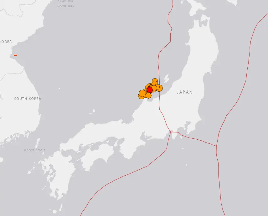 2024年1月1日: 日本中部发生16次4.6-5.5级地震 影响面积非常大!